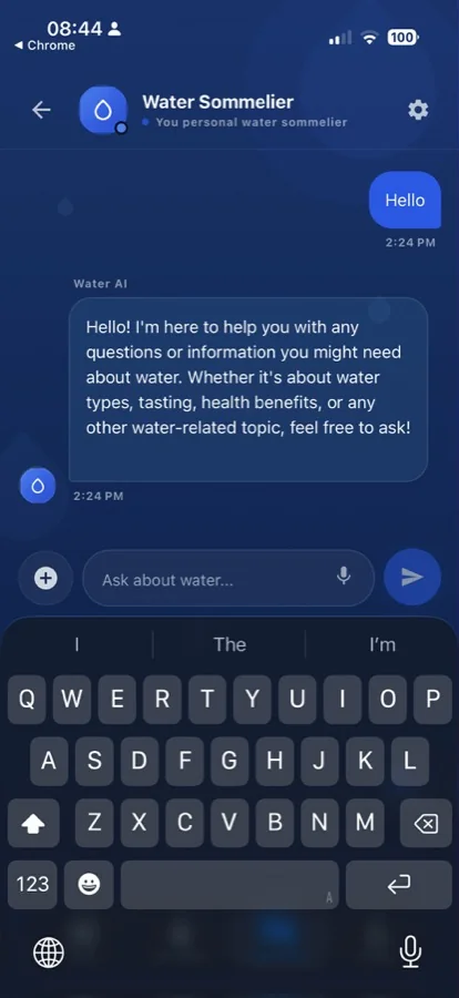 Water AI specialist chat answering water questions inside the app